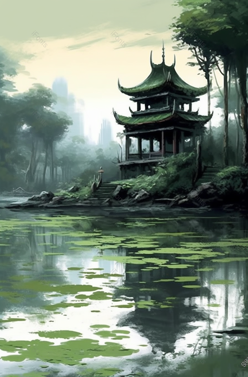 池塘边上的亭台楼阁古建筑,插画/手绘图,插画/手绘图库,插画/手绘图下载,插画/手绘